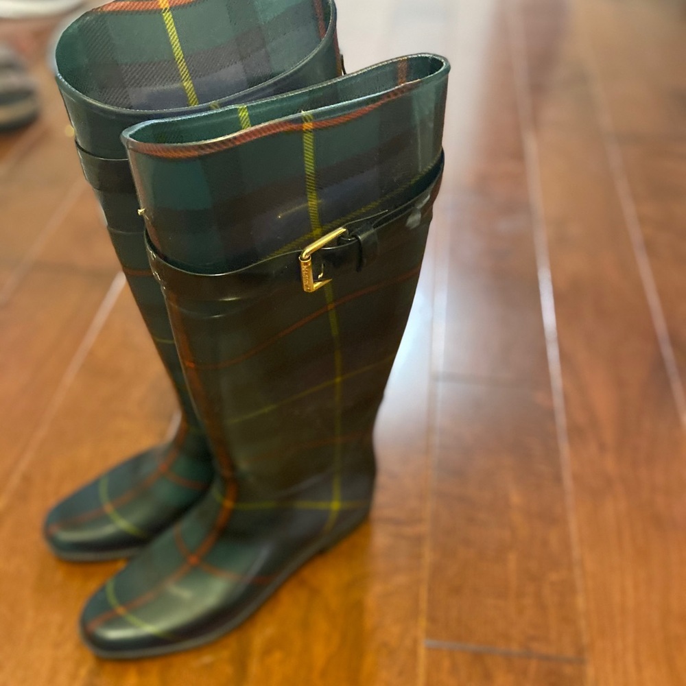 Green plaid Ralph Lauren rain boots
